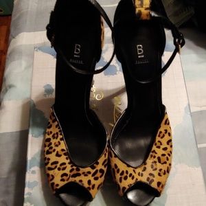 Bakers Platform Cheetah Calf Fur Peep Toe Heels